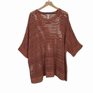 Catherines Womens Burnt Orange Open Knit Short 3/4 Sleeve Tunic Sweater 5X Beach